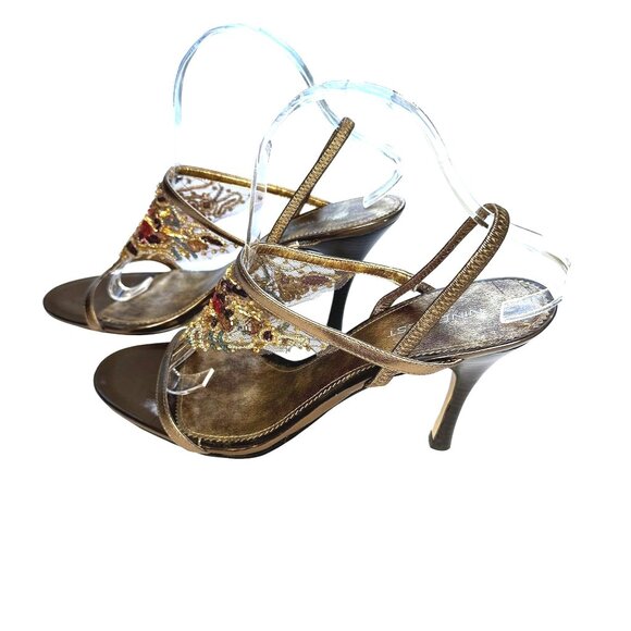 Nine West Shoes - Nine West Bronze Women's Leather Mesh Beaded Sequin T-Strap Heels 9.5 4-inch hee